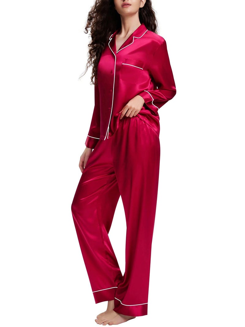 Lonxu Womens Silk Satin Pajamas Set Sleepwear Loungewear Red M - Image 1